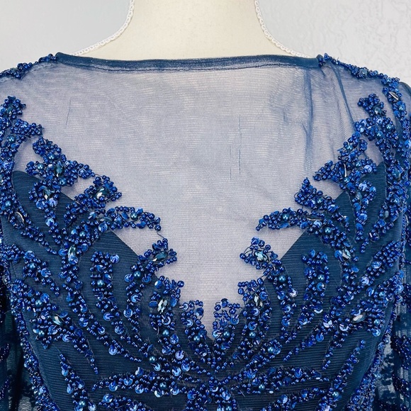 Modessa Couture Blue Embellished Peplum Long Sleeve Prom Homecoming Event Dress - Picture 3 of 16